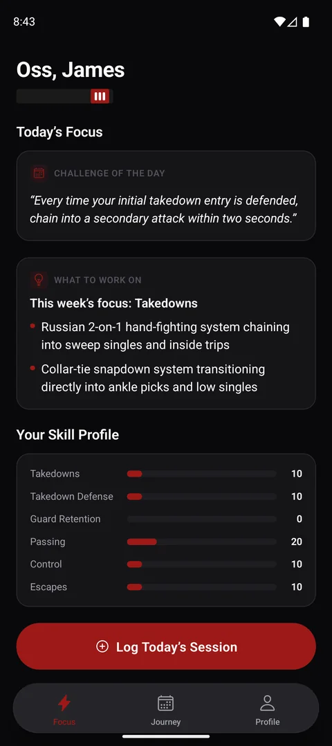 Focus screen: this week's focus is takedowns, a challenge of the day, and a skill profile