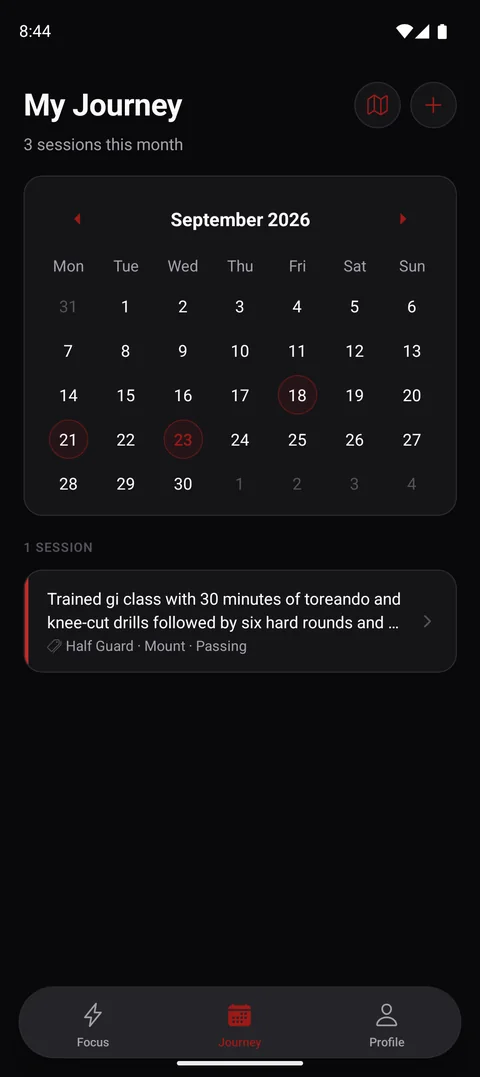 My Journey calendar for September with trained days marked and a session card