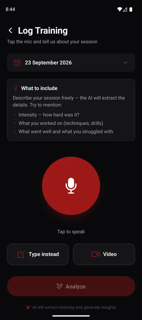 Log Training screen with a large record button and options to type or upload video