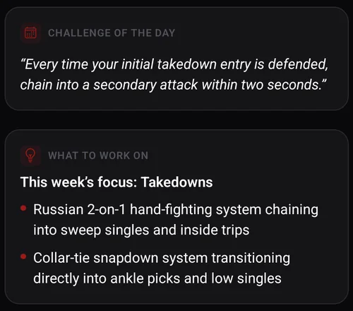 Challenge of the day and this week's focus: takedowns, with two specific drilling systems