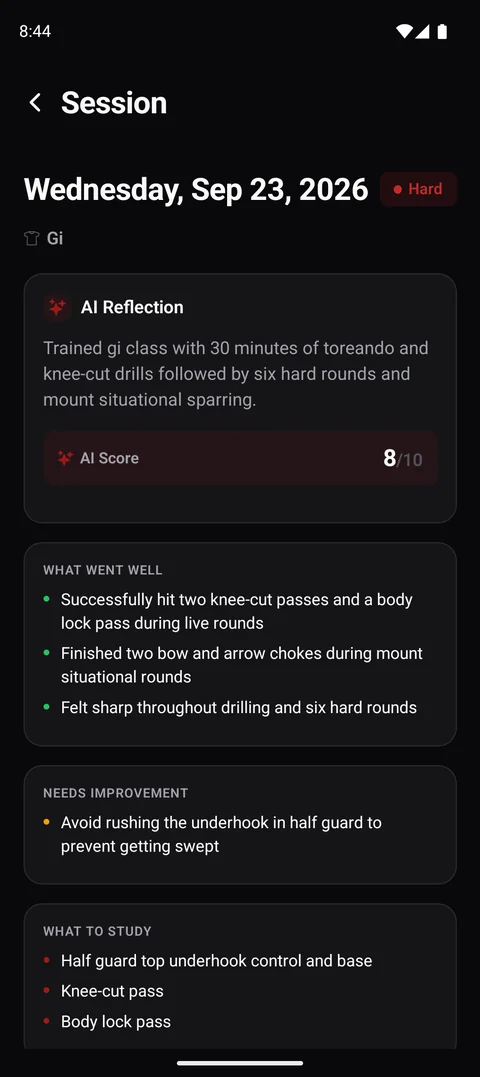 Session reflection: gi class, hard intensity, AI score 8 out of 10, with what went well and what needs improvement