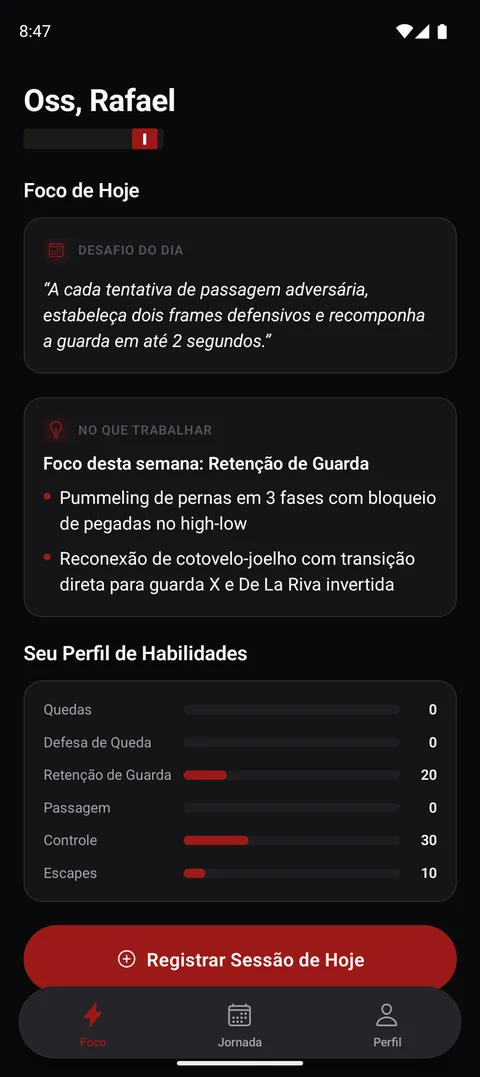 Tela Foco: foco da semana em retenção de guarda, desafio do dia e perfil de habilidades