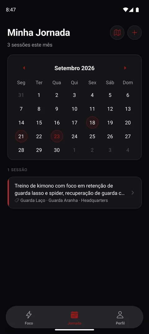 Calendário Minha Jornada de setembro com os dias treinados marcados e um card de sessão