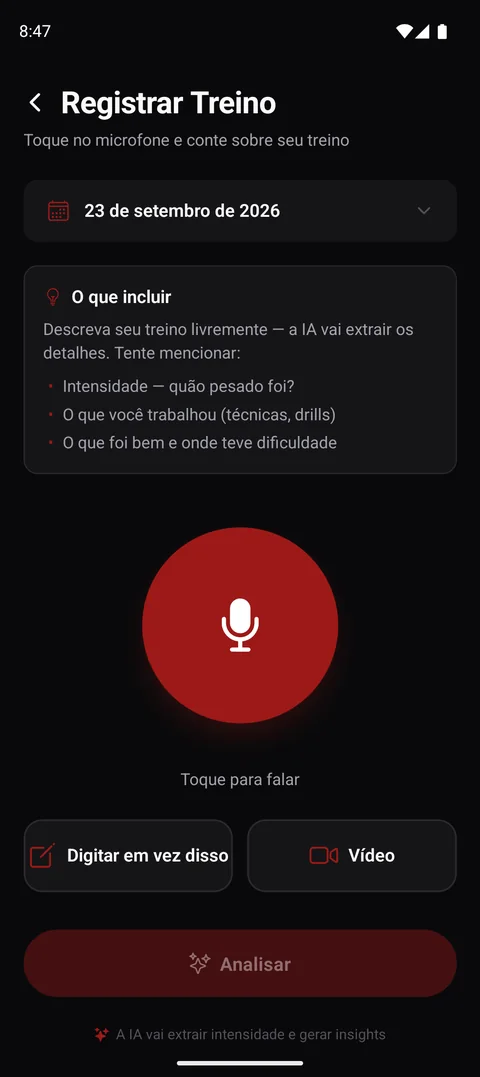 Tela Registrar Treino com botão de gravação e opções de digitar ou enviar vídeo