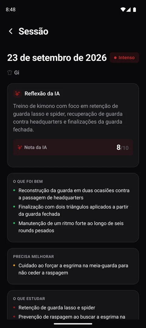 Reflexão da sessão: treino de kimono intenso, nota da IA 8 de 10, o que foi bem e o que precisa melhorar